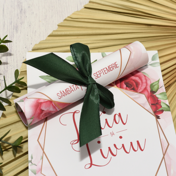 Invitatie nunta FLORI ROSII, cu funda - cod: N109 [2]