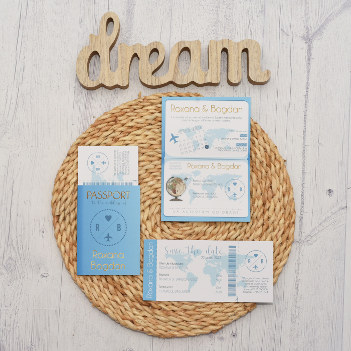 Invitatie nunta PASAPORT CU BILET DE AVION, albastru pastel - cod: N120 [2]