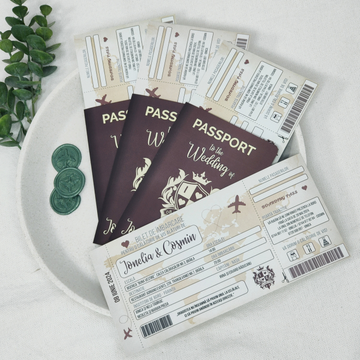 Invitatie nunta PASAPORT CU BILET DE AVION, maro - cod: N157 [2]