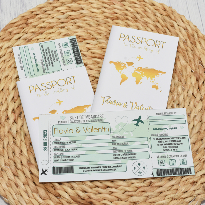 Invitatie nunta PASAPORT CU BILET DE AVION, alb cu auriu - cod: N118 [3]