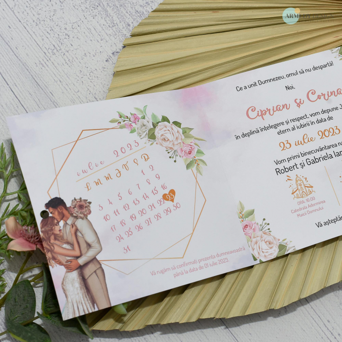 Invitatie nunta FLORALA - CU MIRI, tip felicitare, cu funda - cod: N144 [4]