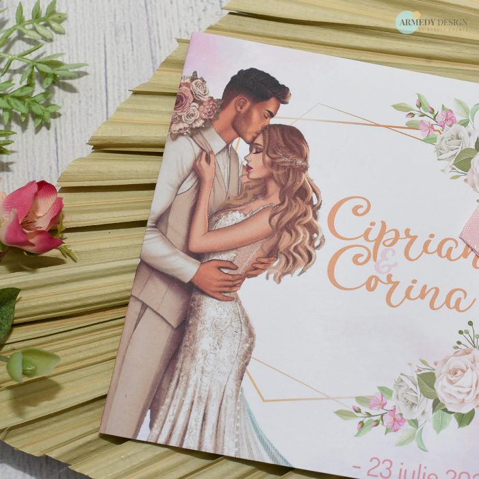 Invitatie nunta FLORALA - CU MIRI, tip felicitare, cu funda - cod: N144 [2]
