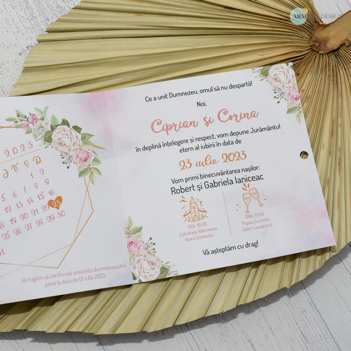 Invitatie nunta FLORALA - CU MIRI, tip felicitare, cu funda - cod: N144 [3]