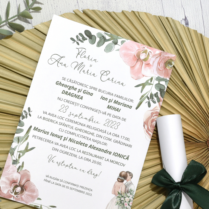 Invitatie nunta ROZ PASTEL, cu funda - cod: N128 [2]