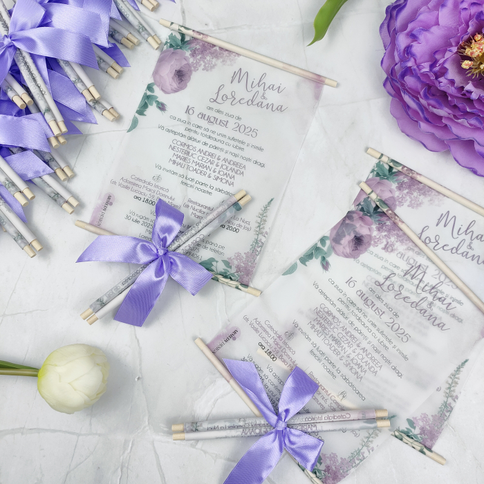 Invitatie nunta BUJORI LILA - cu betisoare din lemn -cod: N170 [2]
