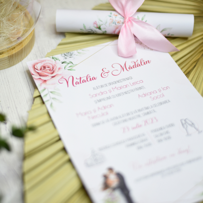 Invitatie nunta TRANDAFIRI ROZ, cu funda - cod: N103 [2]