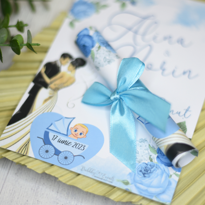 Invitatie nuntez FLORI ALBASTRE, cu funda - cod: NB101 [2]