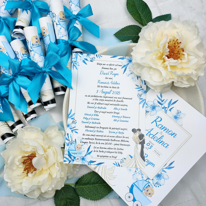 Invitatie nuntez FLORI ALBASTRE, MIRI SI BAIETEL, cu funda - cod: NB108 [3]