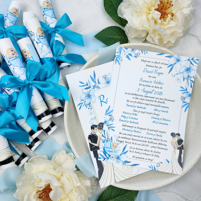 Invitatie nuntez FLORI ALBASTRE, MIRI SI BAIETEL, cu funda - cod: NB108 [2]