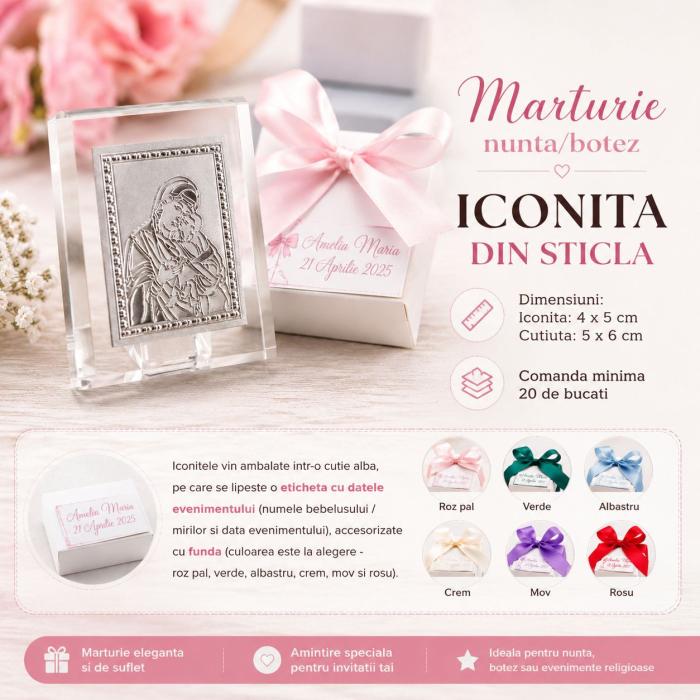 Marturie nunta botez iconita din sticla cu funda si cutiuta alba [6]