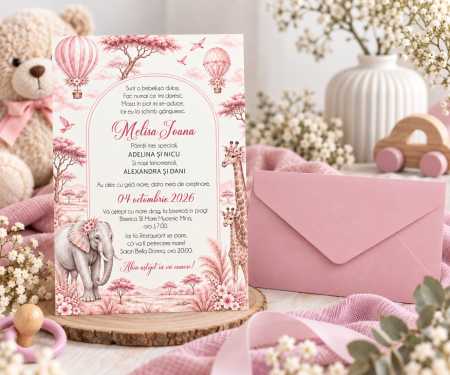 Invitatii Botez - Invitatie botez Baby Pink Dior, cu plic- cod: B138
