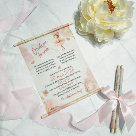 Invitatii Botez Fetita - Invitatie botez BALERINA, cu betisoare din lemn - cod: B135