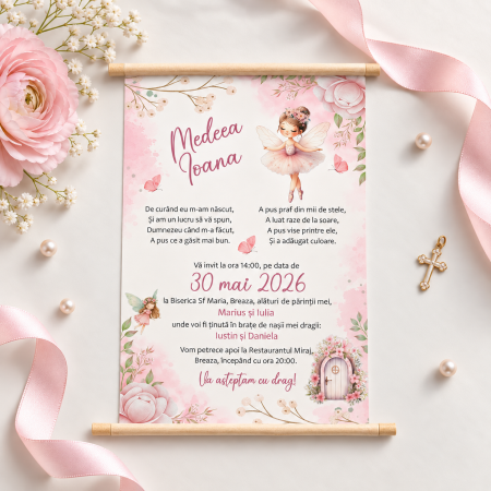 Invitatii Botez Fetita - Invitatie botez BALERINA, cu betisoare din lemn - cod: B135