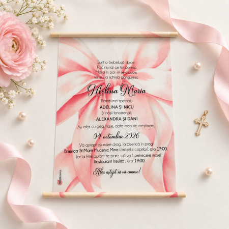 Invitatii Botez Fetita - Invitatie botez FUNDA ELEGANTA, cu betisoare din lemn - cod: B136