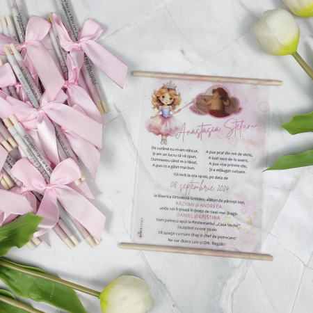 Invitatii Botez - Invitatie botez PRINTESA, cu betisoare din lemn - cod: B119