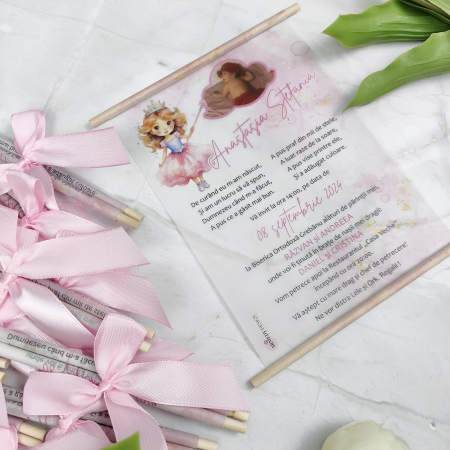 Invitatie botez PRINTESA, cu betisoare din lemn - cod: B119 [1]