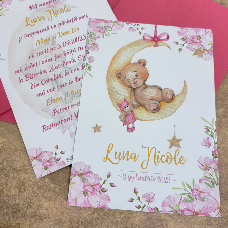 Invitatie botez URSULET SI LUNA, roz, fetita - cu plic roz, cod: B120 [1]