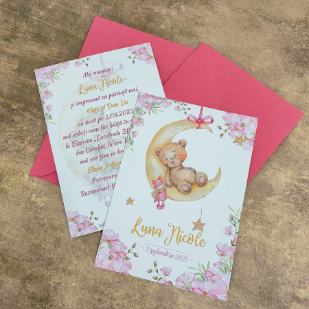 Invitatii Botez - Invitatie botez URSULET SI LUNA, roz, fetita - cu plic roz, cod: B120