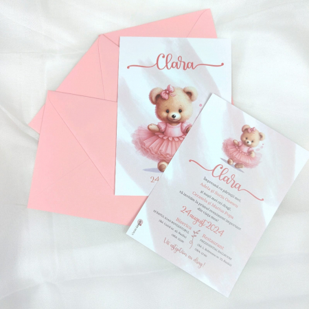 Invitatie botez URSULET CU TUTU, cu plic roz - cod: B105 [1]