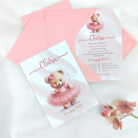 Invitatii Botez - Invitatie botez URSULET CU TUTU, cu plic roz - cod: B105