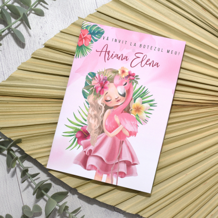 Invitatii Botez - Invitatie botez FETITA CU FLAMINGO - cod: B200
