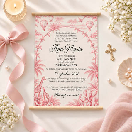 Invitatii Botez - Invitatie botez BABY PINK DIOR, cu betisoare din lemn - cod: B139