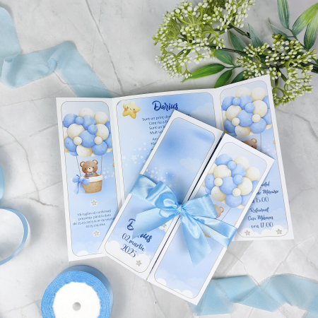 Invitatii Botez Baietel - Invitatie botez URSULET CU BALOANE - baietel cod: B115