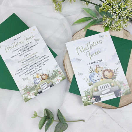 Invitatii Botez Baietel - Invitatie botez SAFARI, baietel - cu plic verde, cod: B122