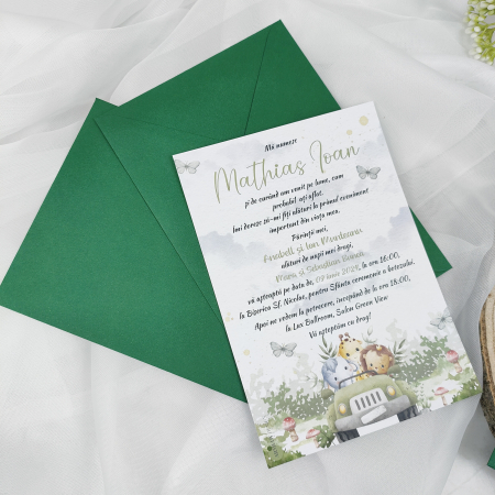Invitatie botez SAFARI, baietel - cu plic verde, cod: B122 [1]
