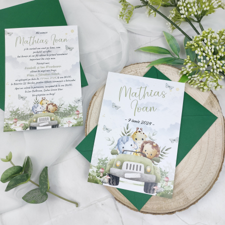 Invitatie botez SAFARI, baietel - cu plic verde, cod: B122 [2]