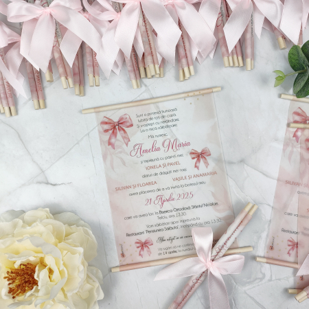 Invitatii Botez Fetita - Invitatie botez FUNDA ROZ, cu betisoare din lemn - cod: B133