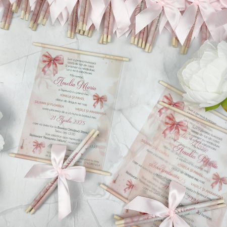 Invitatie botez FUNDA ROZ, cu betisoare din lemn - cod: B133 [1]