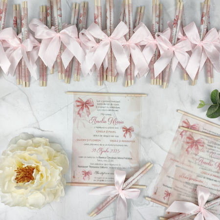 Invitatie botez FUNDA ROZ, cu betisoare din lemn - cod: B133 [2]