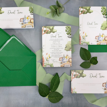 Invitatie botez SAFARI, baietel - cu plic verde cod: B128 [2]