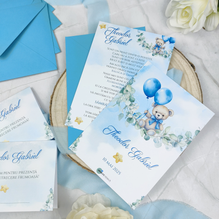 Invitatii Botez Baietel - Invitatie botez URSULET, albastru - cod: B109