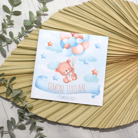 Invitatii Botez Baietel - Invitatie botez URSULET CU BALOANE, albastru - cod: B112