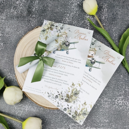 Invitatii Botez Baietel - Invitatie botez URSULET AVIATOR  - rulata cu funda, cod: B124