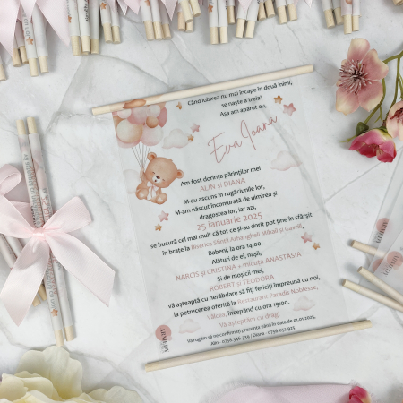 Invitatii Botez - Invitatie botez URSULET CU BALOANE, roz, cu betisoare din lemn, - cod: B118