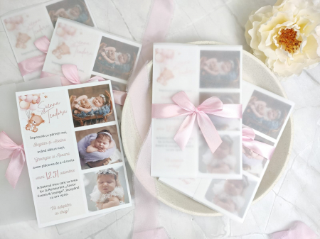 Invitatii Botez Fetita - - Invitatie botez URSULET ROZ CU POZE, fetita, cu funda - cod: B130 