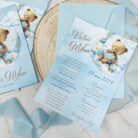 Invitatii Botez Baietel - Invitatie botez URSULET cu plic albastru - cod: B113