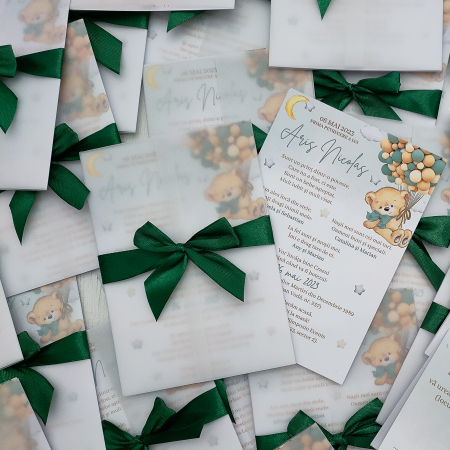 Invitatii Botez Baietel - Invitatie botez URSULET CU BALOANE VERZI, baietel, cu funda - cod: B117