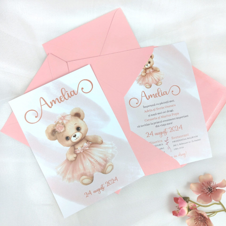 Invitatii Botez Fetita - Invitatie botez URSULET, fetita - cu plic roz, cod: B129