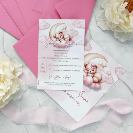 Invitatii Botez Fetita - Invitatie botez URSULET SI SEMILUNA fetita - cu plic roz, cod: B34