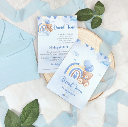 Invitatii - Invitatie botez URSULET CU BALOANE- cu plic albastru, cod: B101
