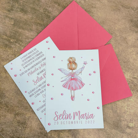 Invitatii Botez - Invitatie botez ZANA, roz, fetita - cu plic roz, cod: B121
