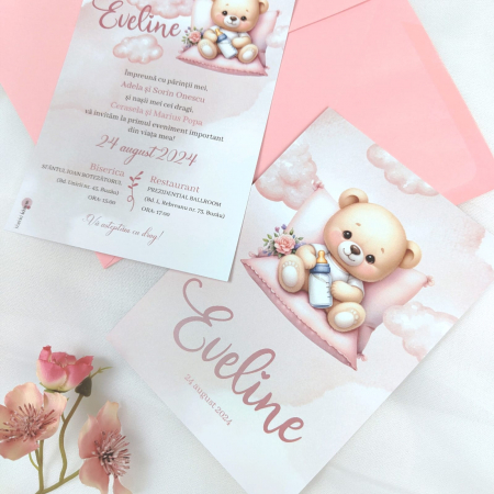 Invitatie botez URSULET CU BIBERON, cu plic roz - cod: B108 [2]
