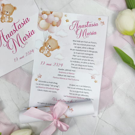 Invitatie de botez URSULET CU BALOANE ROZ, fetita, cu funda - cod: B116 [2]
