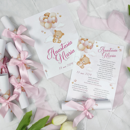 Invitatii Botez - Invitatie de botez URSULET CU BALOANE ROZ, fetita, cu funda - cod: B116