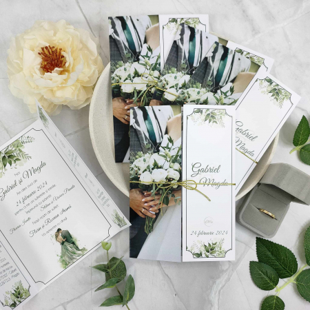 Invitatii Nunta - Invitatie nunta Florala, verde smarald - cu snur auriu, cod: N162
