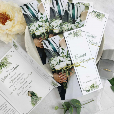 Invitatie nunta Florala, verde smarald - cu snur auriu, cod: N162 [1]